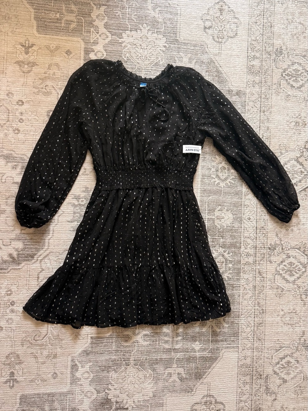 NWT OLD NAVY Black Metallic Dot Long-Sleeve Smocked Waist Dress